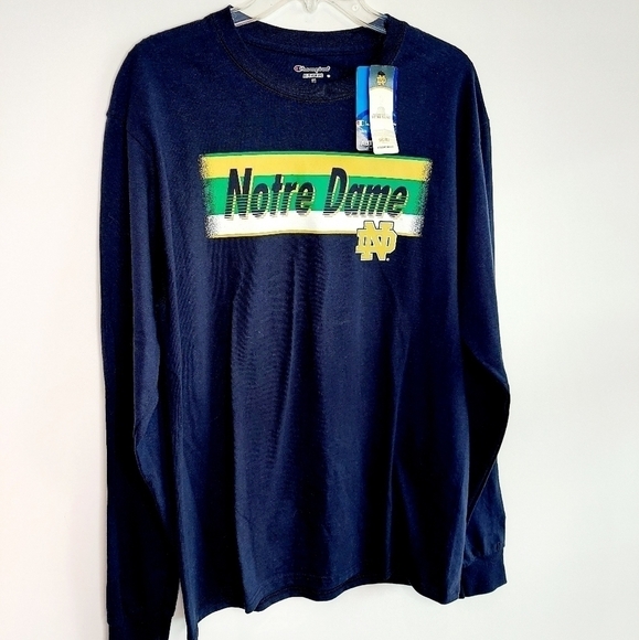 University of Notre Dame Long Sleeve Champion T-Shirt Medium Logo Navy NEW NWT - Picture 2 of 12